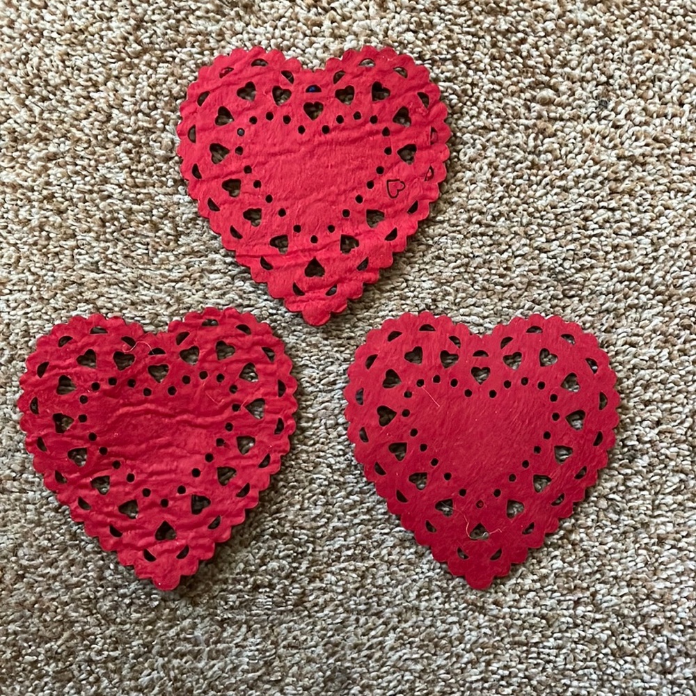 3 Red Felt cutout Heart coasters